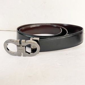 Ferragamo Black Brown Silver-Tone Buckle Reversible Leather Belt